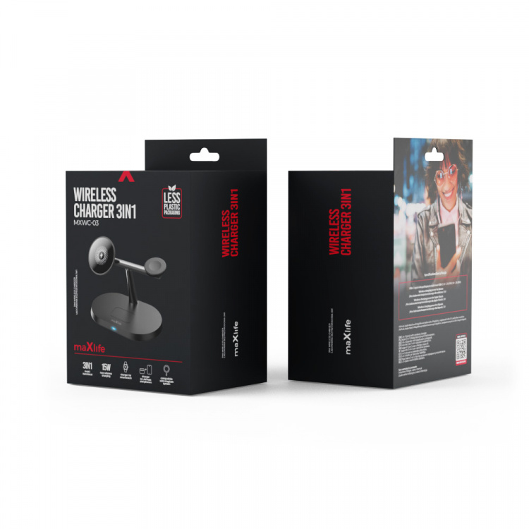 Maxlife MXWC-03 - 3-i-1 trådløs opladningsstation, 15W, sort