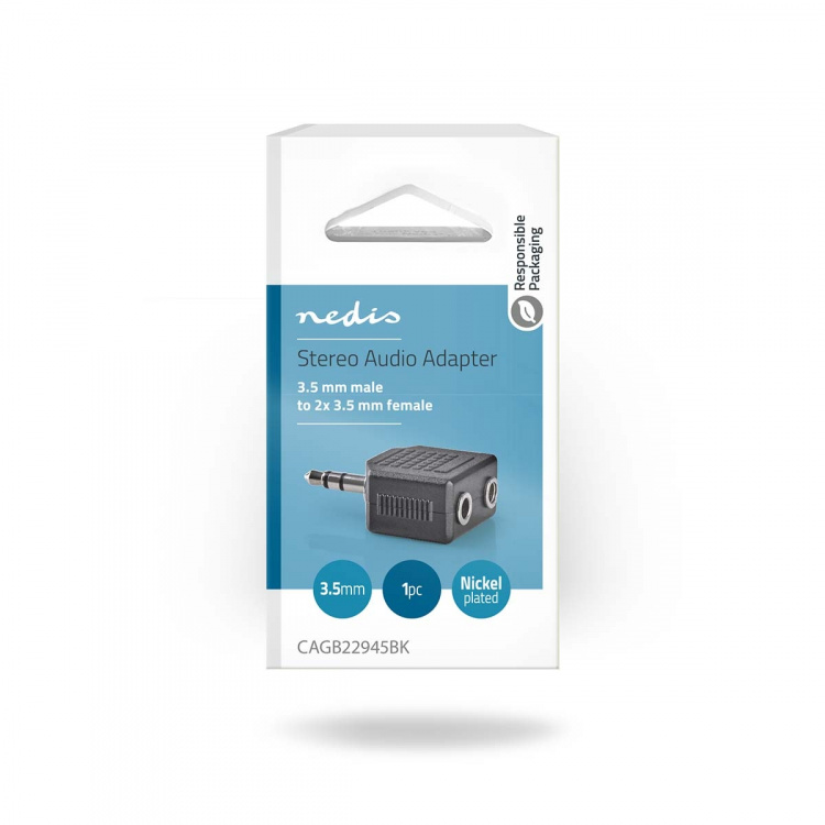 Nedis Stereo Audio Adapter | 3.5 mm Hanstik | 2 x 3.5 mm Hunstik | Nikkelplateret | Lige | ABS | Sort | 1 stk. | Box