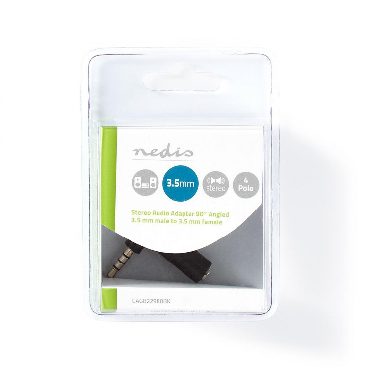 Nedis Stereo Audio Adapter | 3.5 mm Hanstik | 3.5 mm Hunstik | Nikkelplateret | Vinkel 90° | Metal | Sort | 1 stk. | Box