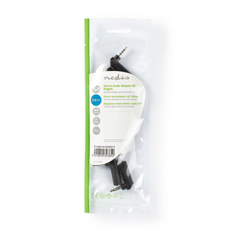 Nedis Stereo Audio Adapter | 3.5 mm Hanstik | 3.5 mm Hunstik | Nikkelplateret | Vinkel 90° | Metal | Sort | 10 stk. | Plastikpose
