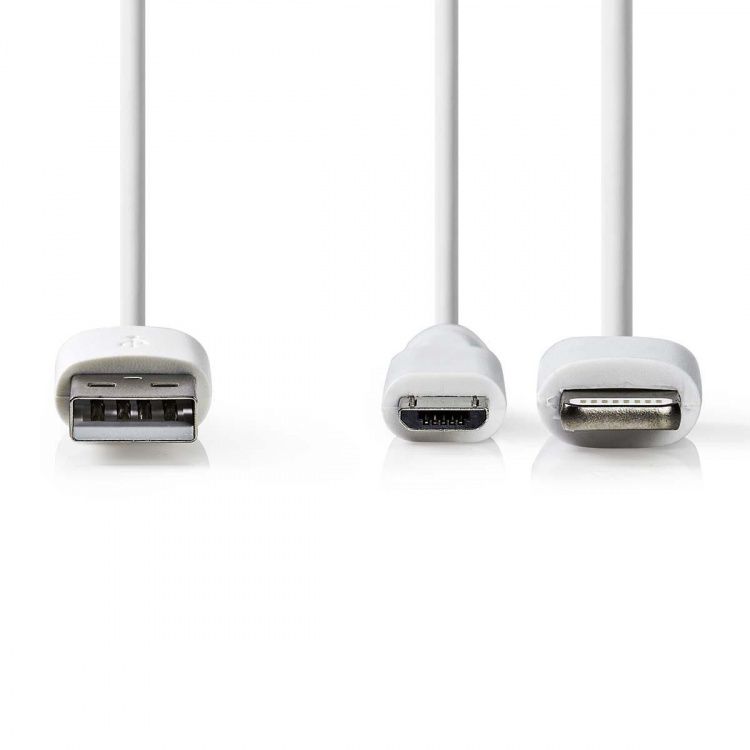 Nedis 2 i 1 kabel | USB 2.0 | USB-A Han | Apple Lightning 8-pin / USB Micro-B han | 480 Mbps | 1.00 m | Nikkelplateret | Runde | PVC | Hvid | Plastikpose