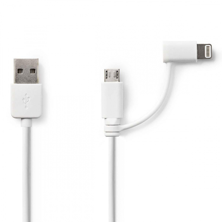 Nedis 2 i 1 kabel | USB 2.0 | USB-A Han | Apple Lightning 8-pin / USB Micro-B han | 480 Mbps | 1.00 m | Nikkelplateret | Runde | PVC | Hvid | Plastikpose