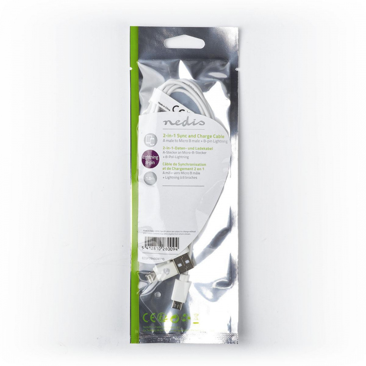 Nedis 2 i 1 kabel | USB 2.0 | USB-A Han | Apple Lightning 8-pin / USB Micro-B han | 480 Mbps | 1.00 m | Nikkelplateret | Runde | PVC | Hvid | Plastikpose