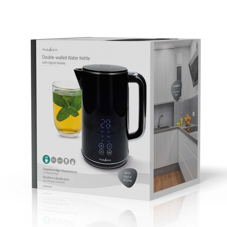 Nedis Elkedel | 1.7 l | Plast | Sort | 50,60,70,80,90,100 °C | Temperaturindikator | Drejelig 360 grader | Skjult varmeelement | Strix®-controller | Beskyttelse mod kogetørring