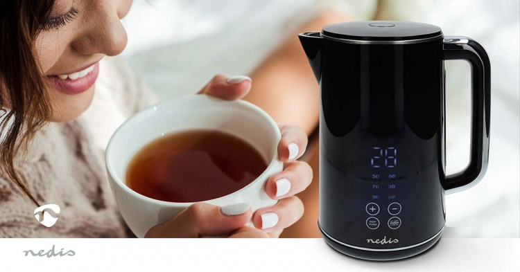 Nedis Elkedel | 1.7 l | Plast | Sort | 50,60,70,80,90,100 °C | Temperaturindikator | Drejelig 360 grader | Skjult varmeelement | Strix®-controller | Beskyttelse mod kogetørring