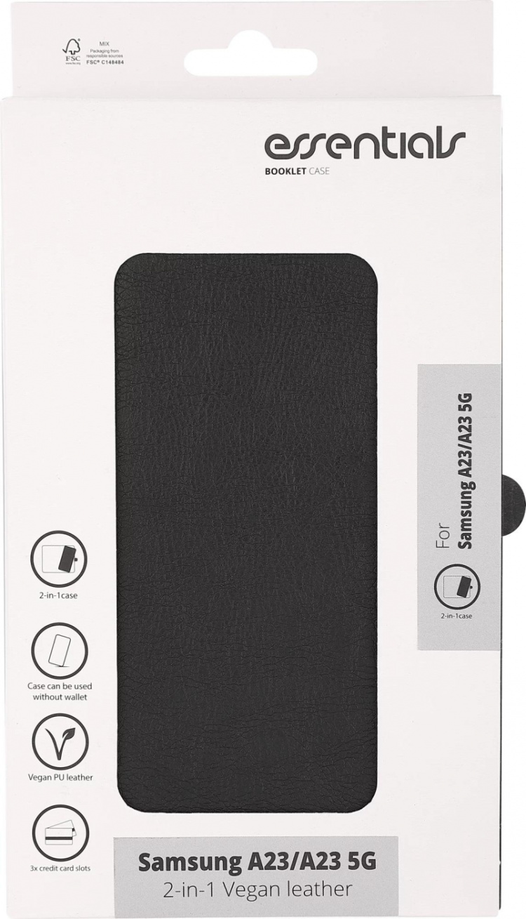 Essentials Samsung Galaxy A23/A23 5G PU w.,detach,3 card, Blk