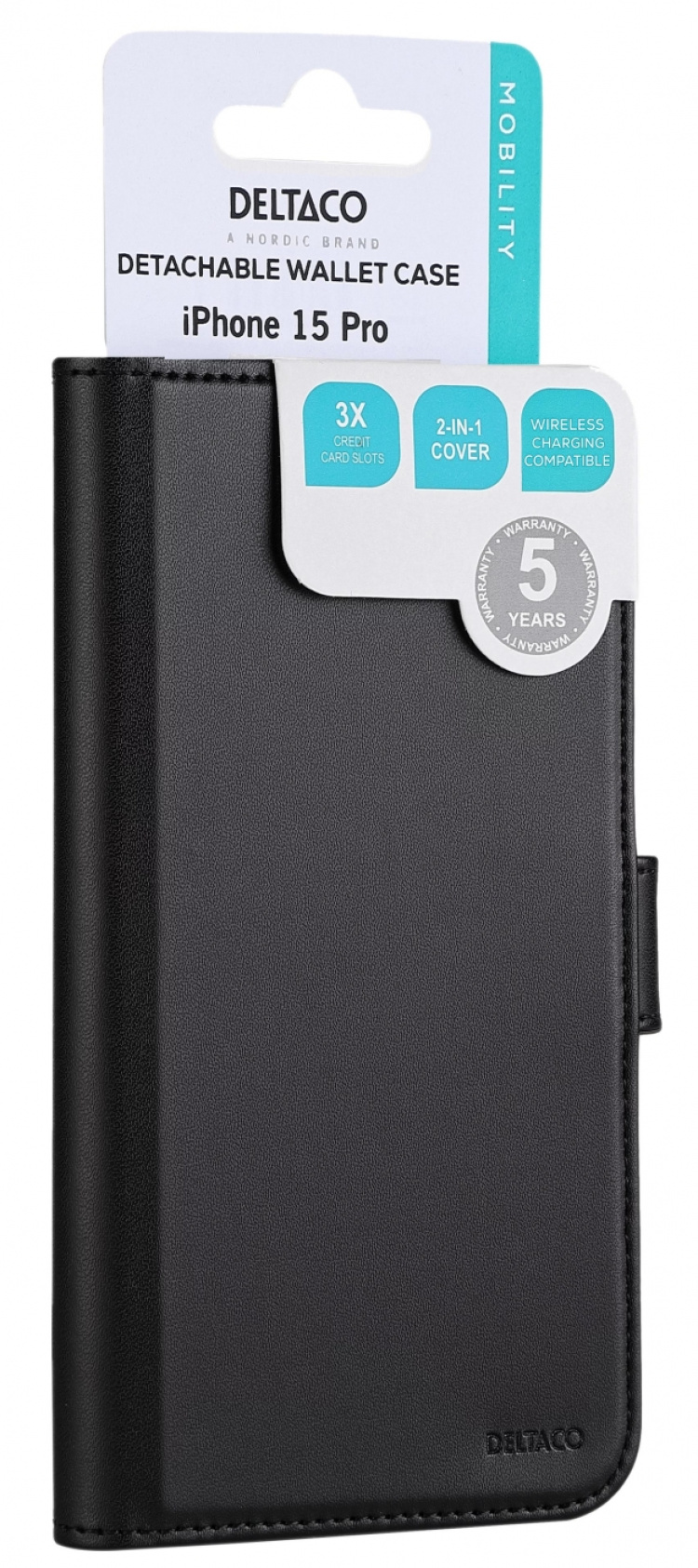 DELTACO Wallet case, 2-in-1, iPhone 15 Pro, magnetic cover, black