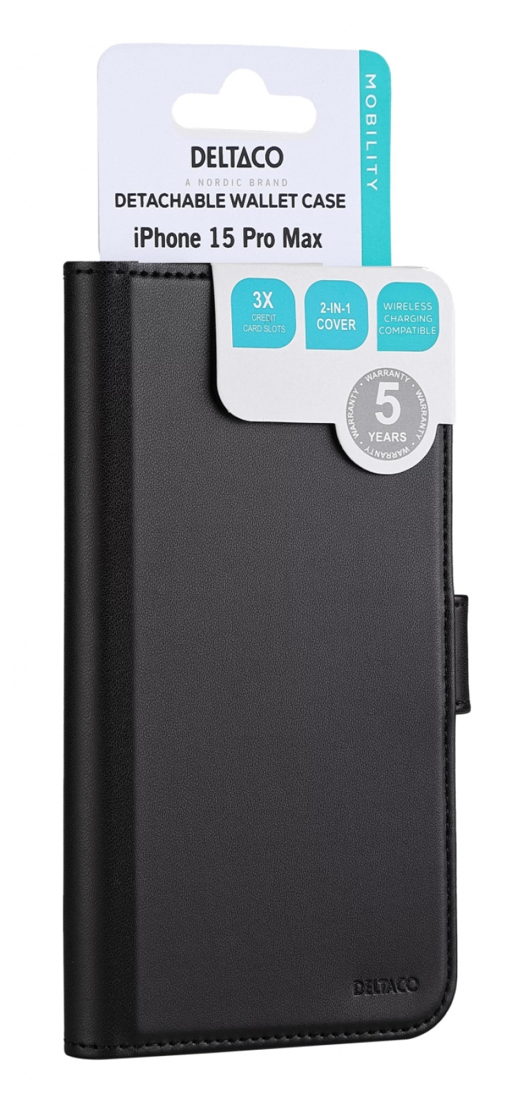 DELTACO Wallet case, 2-in-1, iPhone 15 Pro Max, magnetic cover,black
