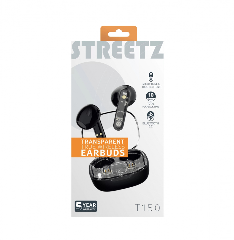 Streetz T150 TWS earphones, Transparent, Black