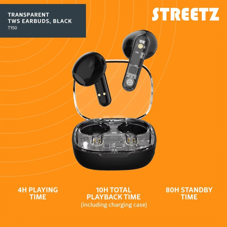 Streetz T150 TWS earphones, Transparent, Black