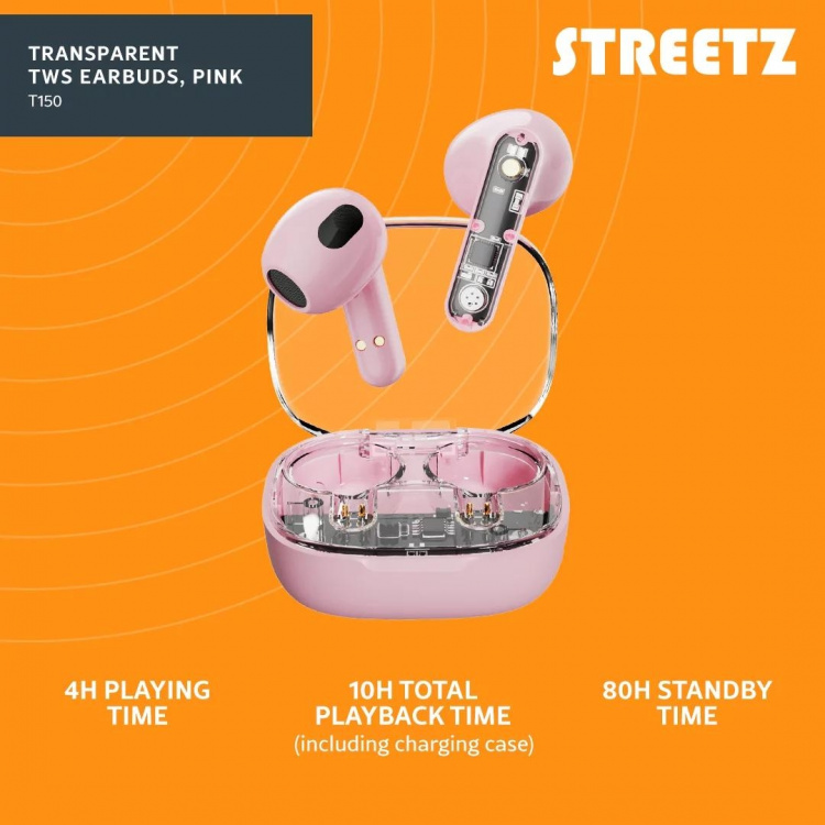 Streetz T150 TWS earphones, Transparent Pink