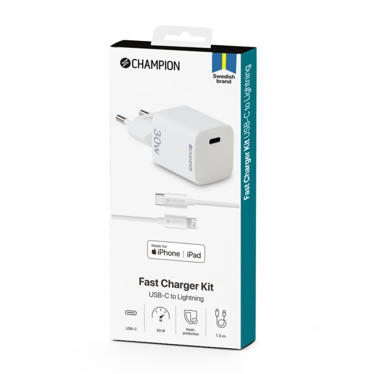 Champion Laddare 30W + USB-C till Lightning Kabel Vit