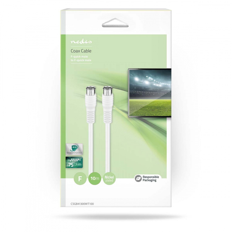 Nedis Satellit & Antennekabel | F Han Quick | F Han Quick | Nikkelplateret | 75 Ohm | Dobbelt afskærmet | 10.0 m | Runde | PVC | Hvid | Box