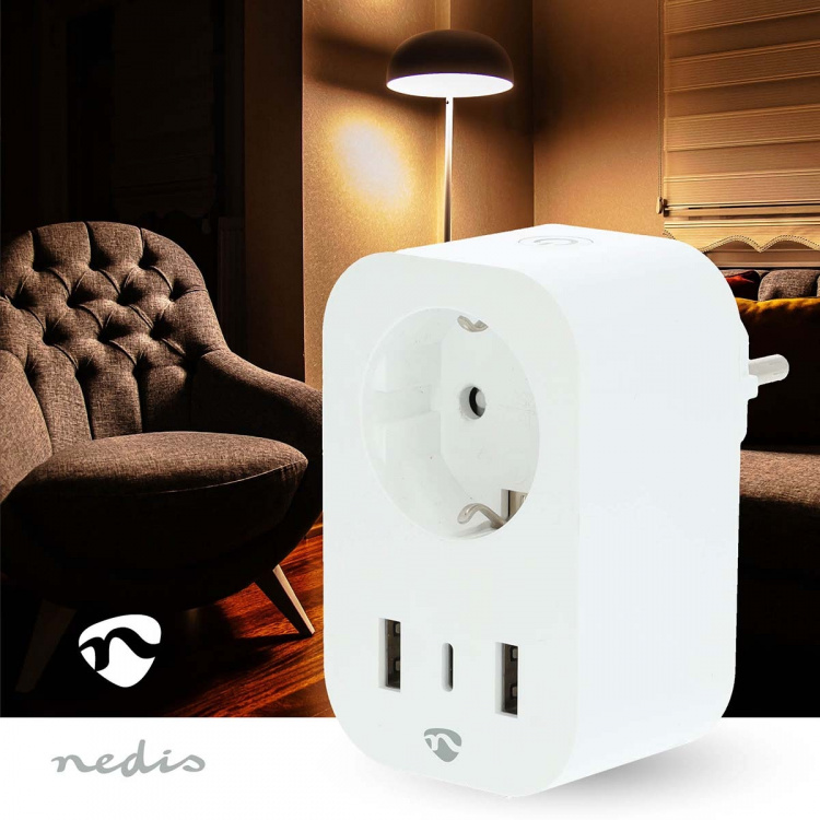 Nedis SmartLife Smart Plug | IP21 | Effektmåler | 3680 W | Type F (CEE 7/7) / 1x USB-C™ / 2x USB | 0 - 55 °C | Android™ / IOS | Hvid | 1 stk