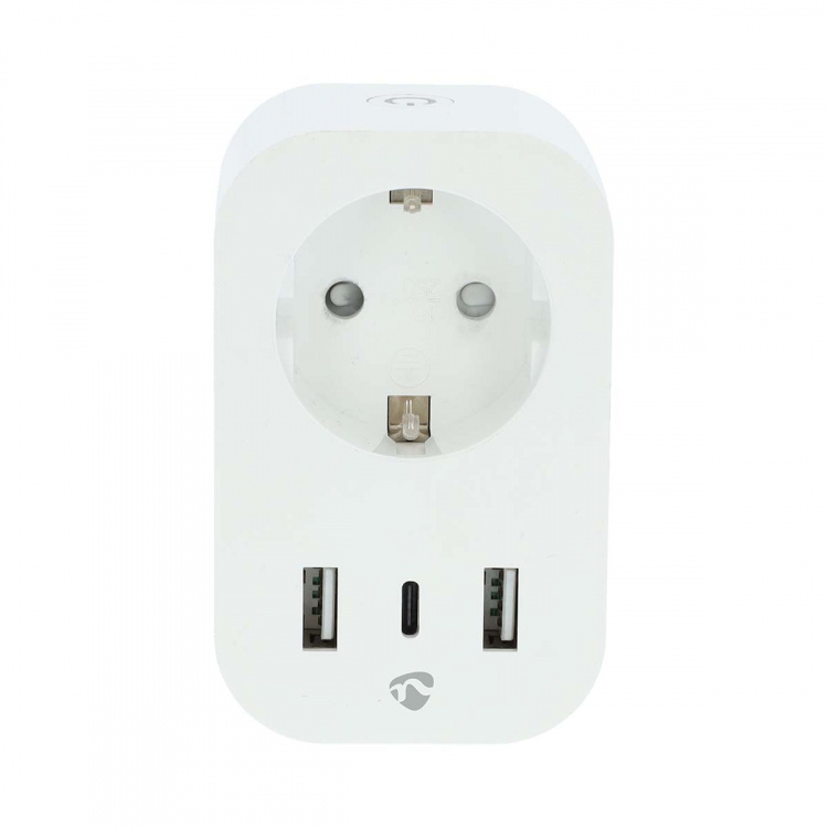 Nedis SmartLife Smart Plug | IP21 | Effektmåler | 3680 W | Type F (CEE 7/7) / 1x USB-C™ / 2x USB | 0 - 55 °C | Android™ / IOS | Hvid | 1 stk