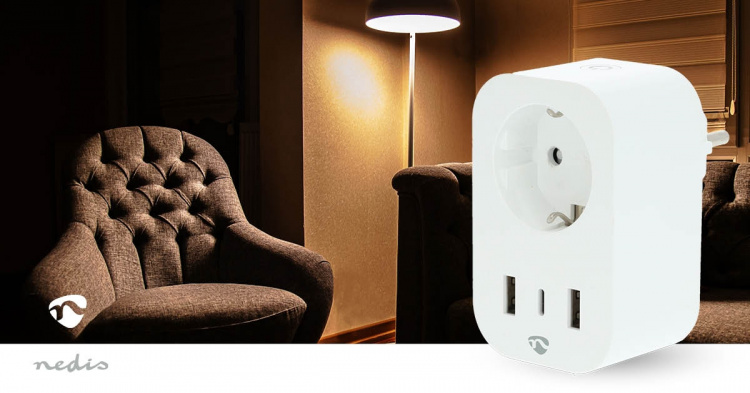 Nedis SmartLife Smart Plug | IP21 | Effektmåler | 3680 W | Type F (CEE 7/7) / 1x USB-C™ / 2x USB | 0 - 55 °C | Android™ / IOS | Hvid | 1 stk