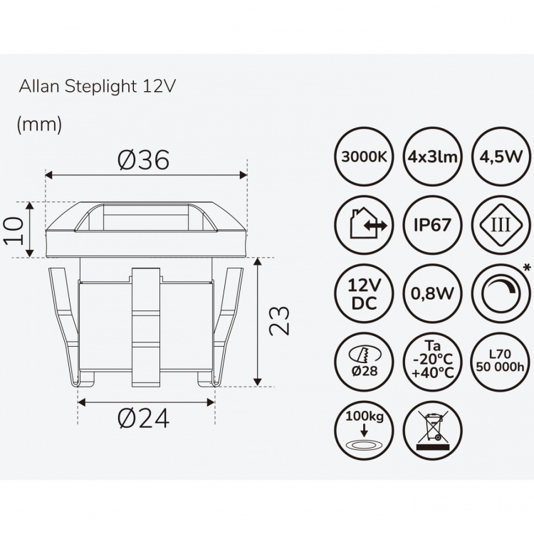 Llitt Allan Steplight kit 4-pack inkl strömadapter 12V 3000K 5lm IP67
