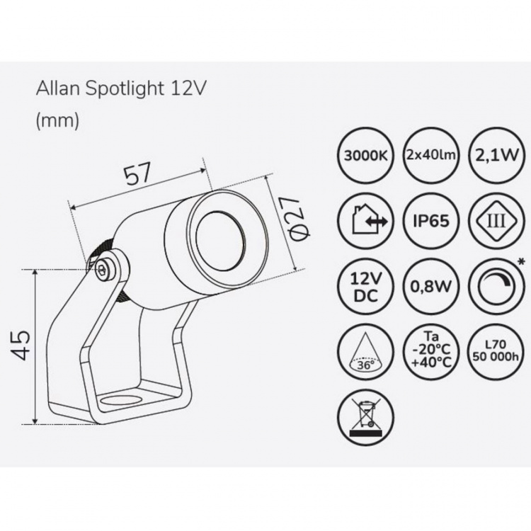 Llitt Allan Spotlight 1-pack 12V 3000K 10lm IP67