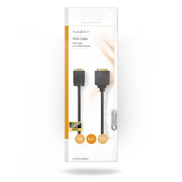 Nedis VGA-kabel | VGA Han | 2x VGA Hun | Guldplateret | Maksimal opløsning: 1280x768 | 0.20 m | Runde | ABS | Sort | Konvolut