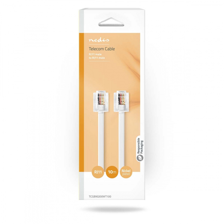Nedis Telecom Kabel | RJ11 Hanstik | RJ11 Hanstik | 10.0 m | Kabeludformning: Fladt | Guldplateret | Kabeltype: RJ11 | Hvid | Box