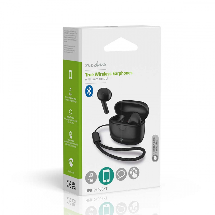 Nedis Fuldt Trådløse hovedtelefoner | Bluetooth® | Maksimal batteritid: 16 timer | Touch Control | Opladningsholder | Trådløs opladningsetui | Indbygget mikrofon | Understøtter stemmestyring | Sort