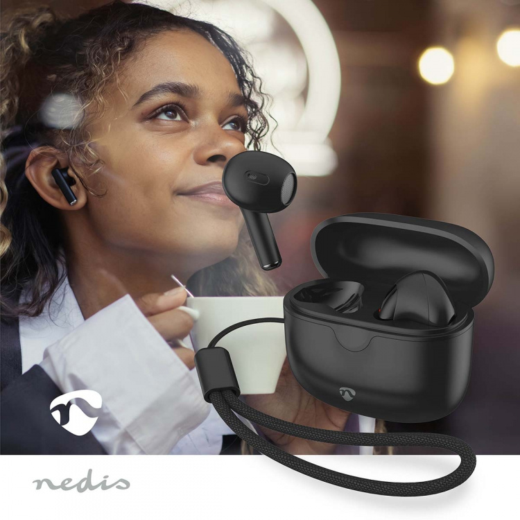 Nedis Fuldt Trådløse hovedtelefoner | Bluetooth® | Maksimal batteritid: 16 timer | Touch Control | Opladningsholder | Trådløs opladningsetui | Indbygget mikrofon | Understøtter stemmestyring | Sort