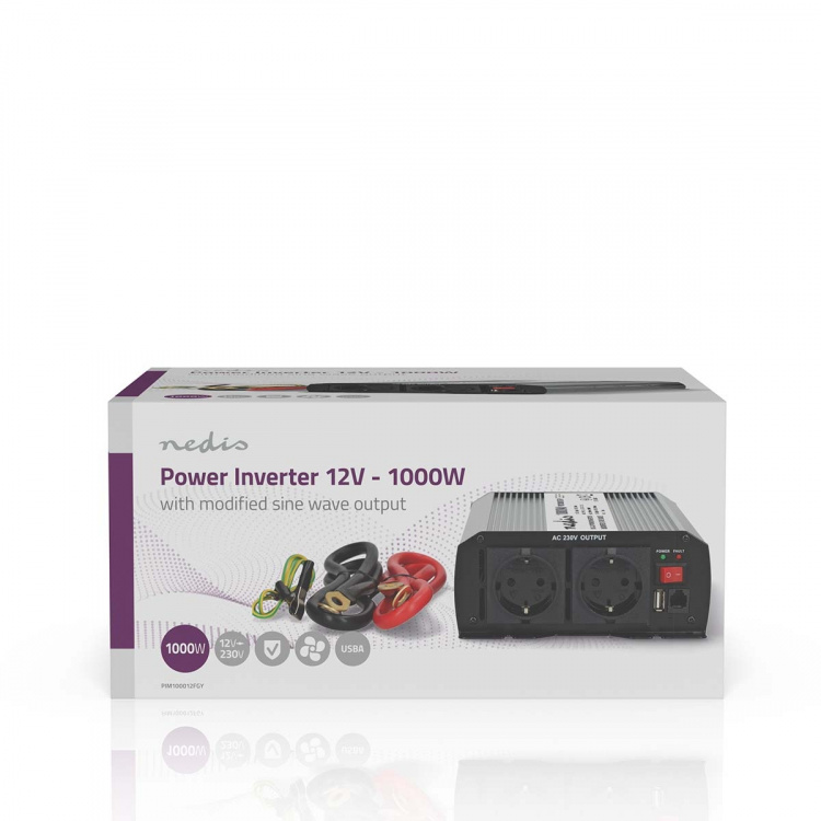 Nedis Power Inverter Modificeret sinus | Indgangsspænding: 12 V DC | Enhedens strømudgangsforbindelse: Type F (CEE 7/3) / USB-A | 230 V AC 50 Hz | 1000 W | Peak-effekt: 2000 W | Skrueterminal | Sølv