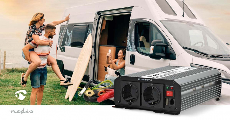 Nedis Power Inverter Modificeret sinus | Indgangsspænding: 12 V DC | Enhedens strømudgangsforbindelse: Type F (CEE 7/3) / USB-A | 230 V AC 50 Hz | 1000 W | Peak-effekt: 2000 W | Skrueterminal | Sølv