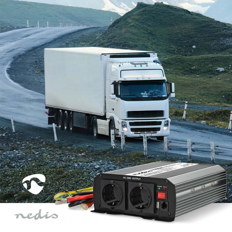 Nedis Power Inverter Modificeret sinus | Indgangsspænding: 24 V DC | Enhedens strømudgangsforbindelse: Type F (CEE 7/3) / USB-A | 230 V AC 50 Hz | 1000 W | Peak-effekt: 2000 W | Skrueterminal | Sølv