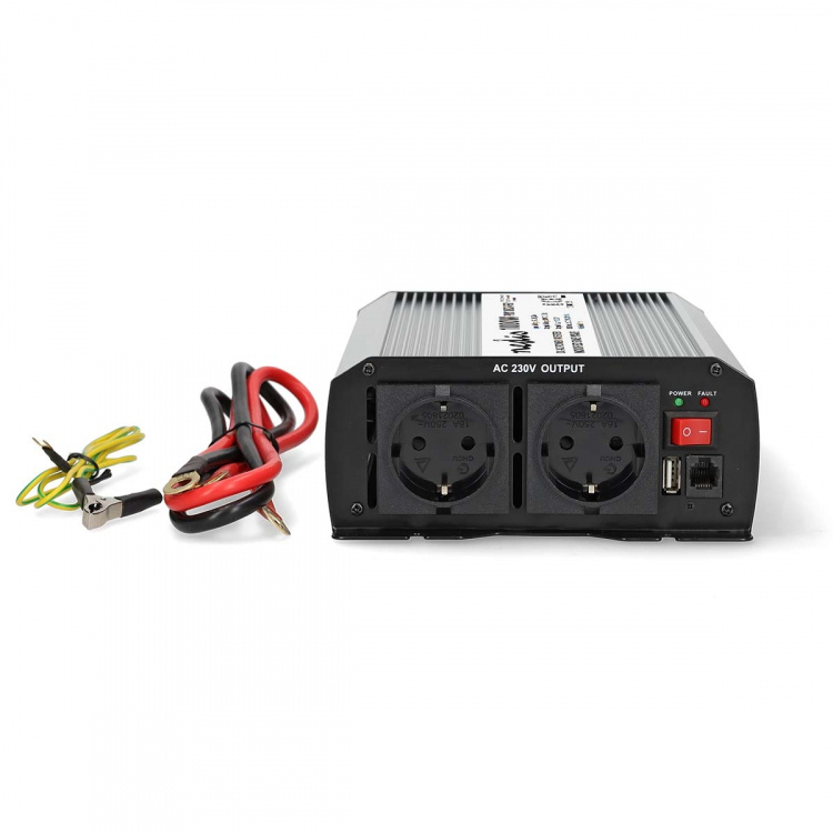 Nedis Power Inverter Modificeret sinus | Indgangsspænding: 24 V DC | Enhedens strømudgangsforbindelse: Type F (CEE 7/3) / USB-A | 230 V AC 50 Hz | 1000 W | Peak-effekt: 2000 W | Skrueterminal | Sølv