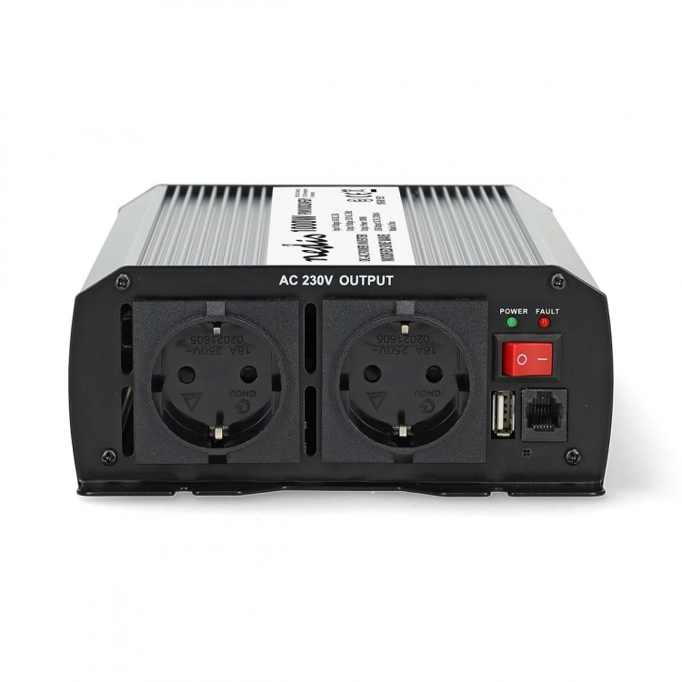 Nedis Power Inverter Modificeret sinus | Indgangsspænding: 24 V DC | Enhedens strømudgangsforbindelse: Type F (CEE 7/3) / USB-A | 230 V AC 50 Hz | 1000 W | Peak-effekt: 2000 W | Skrueterminal | Sølv
