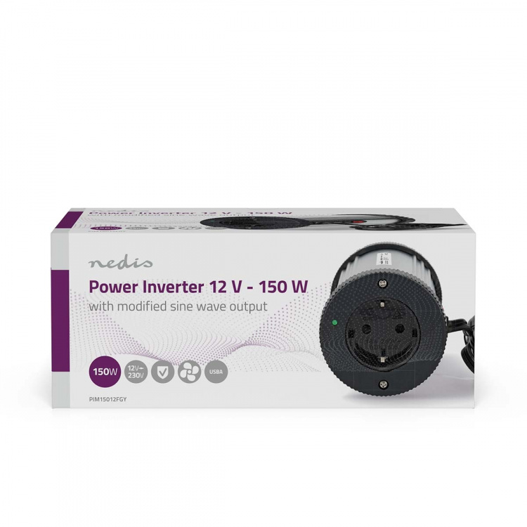 Nedis Power Inverter Modificeret sinus | Indgangsspænding: 12 V DC | Enhedens strømudgangsforbindelse: Type F (CEE 7/3) / USB-A | 230 V AC 50 Hz | 150 W | Peak-effekt: 300 W | Stik til cigarettænder | Sølv