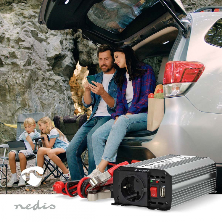Nedis Power Inverter Modificeret sinus | Indgangsspænding: 12 V DC | Enhedens strømudgangsforbindelse: Type F (CEE 7/3) / USB-A | 230 V AC 50 Hz | 300 W | Peak-effekt: 600 W | Batteriklemmer + cigarettænder | Sølv