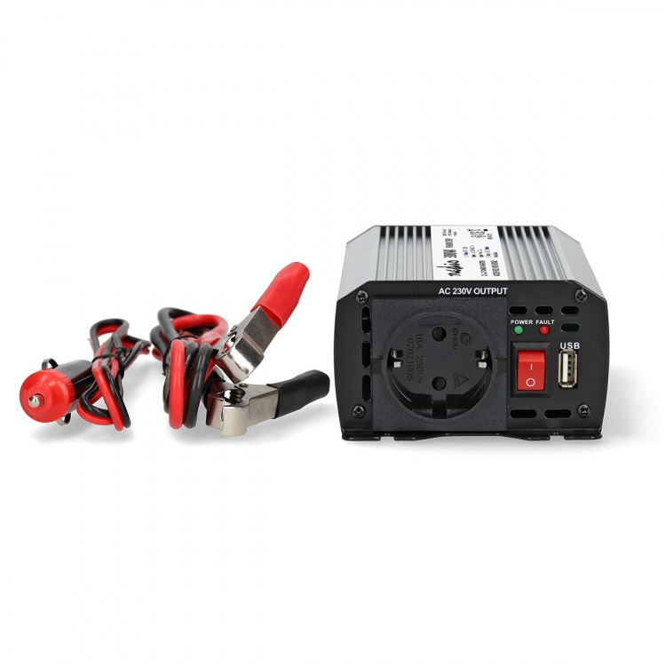 Nedis Power Inverter Modificeret sinus | Indgangsspænding: 12 V DC | Enhedens strømudgangsforbindelse: Type F (CEE 7/3) / USB-A | 230 V AC 50 Hz | 300 W | Peak-effekt: 600 W | Batteriklemmer + cigarettænder | Sølv