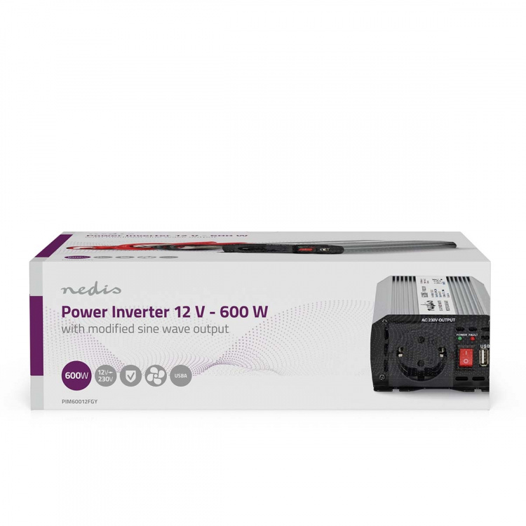 Nedis Power Inverter Modificeret sinus | Indgangsspænding: 12 V DC | Enhedens strømudgangsforbindelse: Type F (CEE 7/3) / USB-A | 230 V AC 50 Hz | 600 W | Peak-effekt: 1200 W | Batteriklemmer + cigarettænder | Sølv Nedis Power Inverter Modificeret sinus | Indgangsspænding: 12 V DC | Enhedens strømudgangsforbindelse: Type F (CEE 7/3) / USB-A | 230 V AC 50 Hz | 600 W | Peak-effekt: 1200 W | Batteriklemmer + cigarettænder | Sølv
