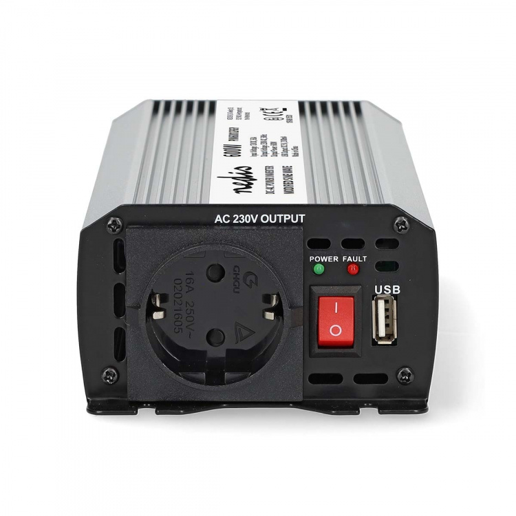 Nedis Power Inverter Modificeret sinus | Indgangsspænding: 12 V DC | Enhedens strømudgangsforbindelse: Type F (CEE 7/3) / USB-A | 230 V AC 50 Hz | 600 W | Peak-effekt: 1200 W | Batteriklemmer + cigarettænder | Sølv Nedis Power Inverter Modificeret sinus | Indgangsspænding: 12 V DC | Enhedens strømudgangsforbindelse: Type F (CEE 7/3) / USB-A | 230 V AC 50 Hz | 600 W | Peak-effekt: 1200 W | Batteriklemmer + cigarettænder | Sølv