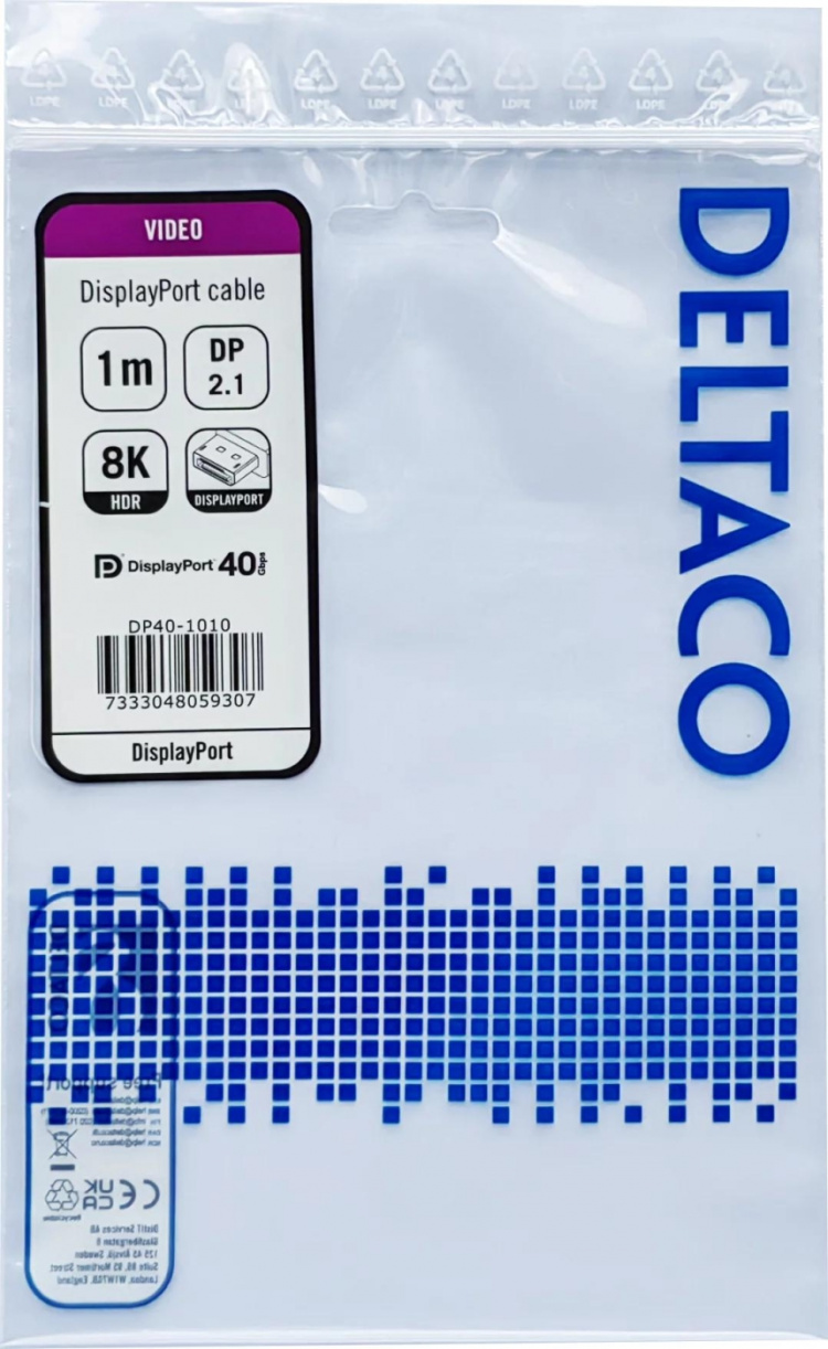 DELTACO DisplayPort cable, DP 2.1, DP40, 1,0m