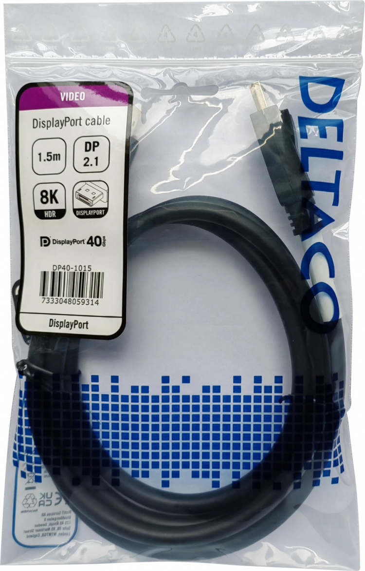 DELTACO DisplayPort cable, DP 2.1, DP40, 1,5m