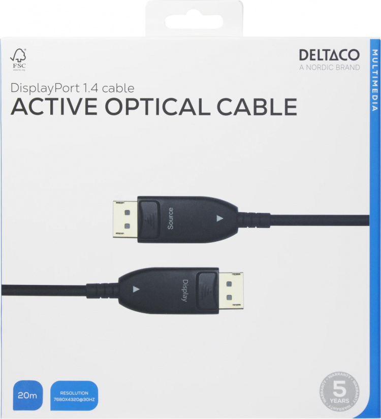 DELTACO Displayport 1.4 cable, AOC, 8K@30Hz, 20m, black