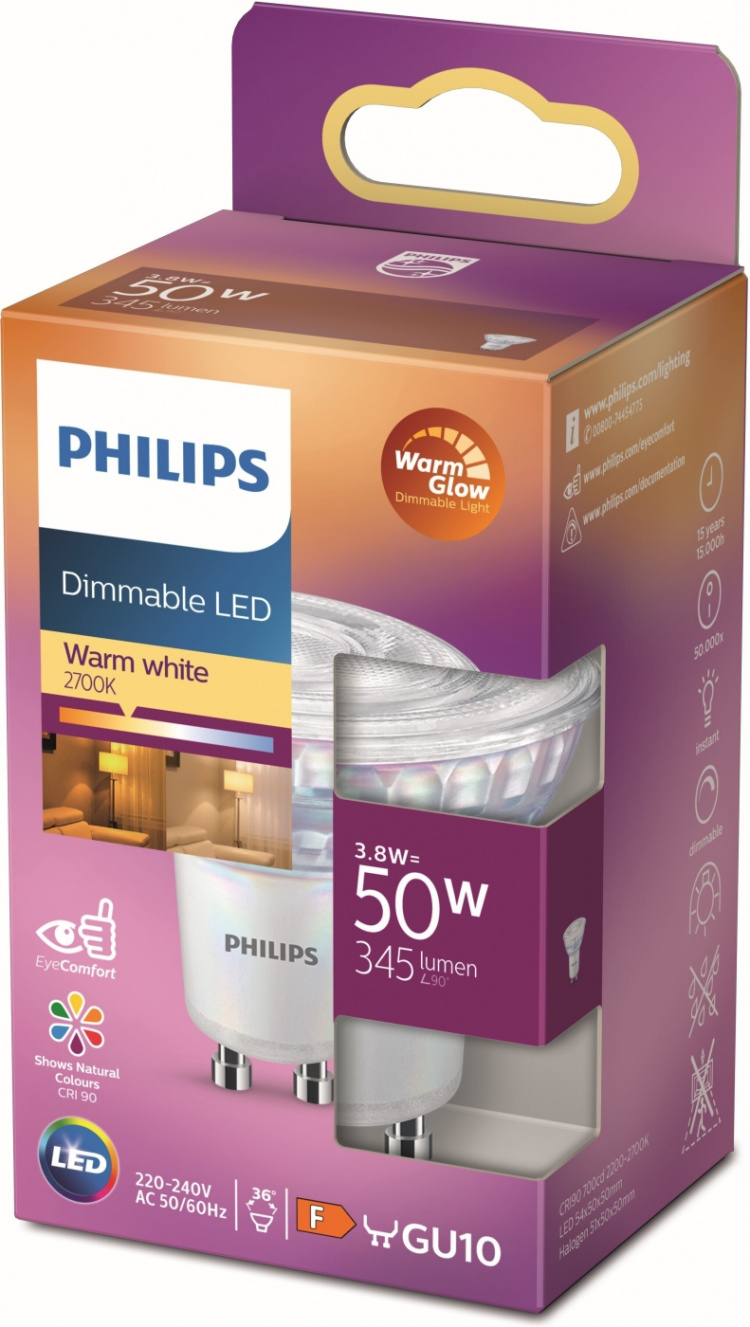 Philips Warm Glow LED-spotlight, GU10, 2200-2700 K, 345 lm, dimbar Philips Warm Glow LED-spotlight, GU10, 2200-2700 K, 345 lm, dimbar
