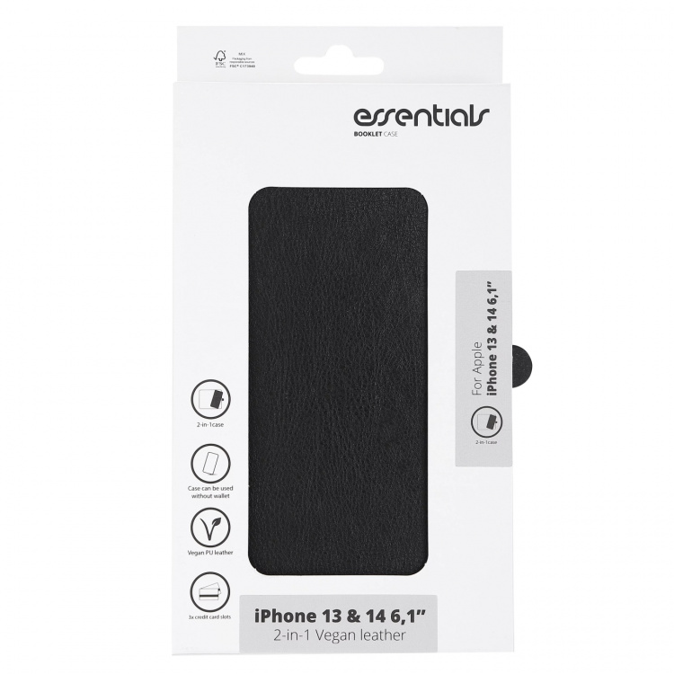 Essentials iPhone 13/14 PU wallet, detach, 3 card, Black