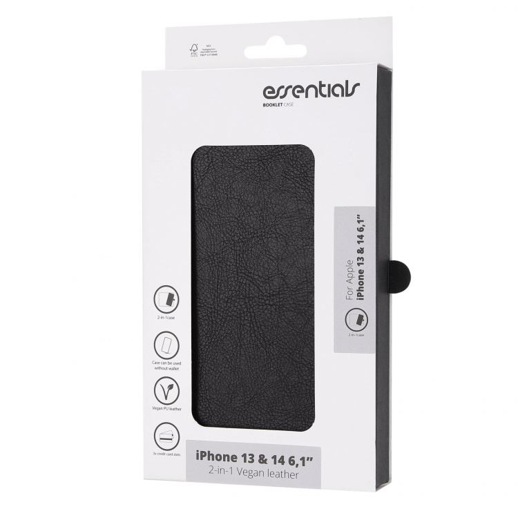 Essentials iPhone 13/14 PU wallet, detach, 3 card, Black