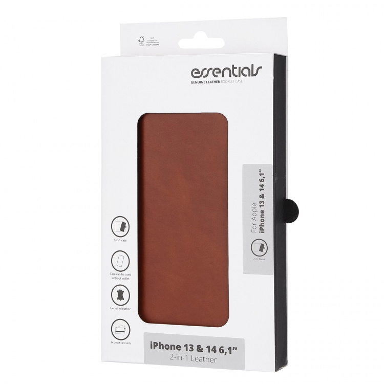 Essentials iPhone 13/14 Leather wallet, detachable,Brown