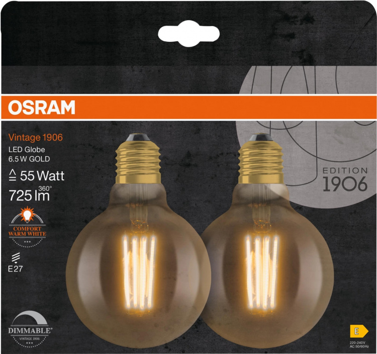Osram 1906 LED globe95 fil gold 6,5W/824 (55W) E27 dim 2-pck
