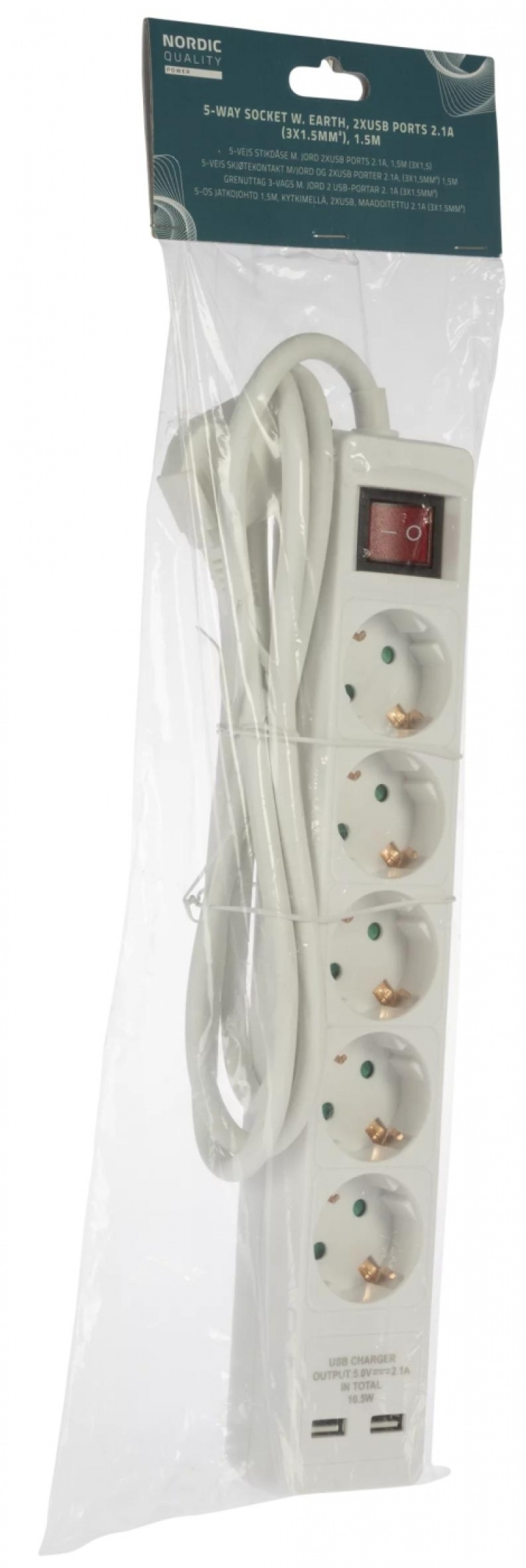 Nordic Quality 5-vägskontakt jordad, 2xUSB-A (3x1,5mm²), 1,5m