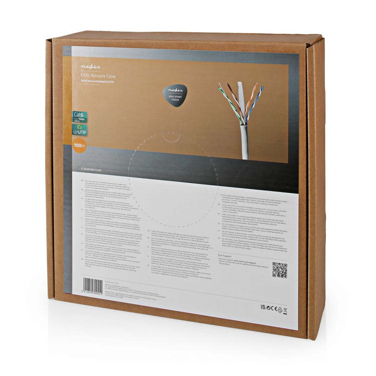 Nedis Netværkskabel Roll | CAT6 | Solid | U/UTP | CCA | 100.0 m | Indendørs | Runde | PVC | Grå | Trækboks