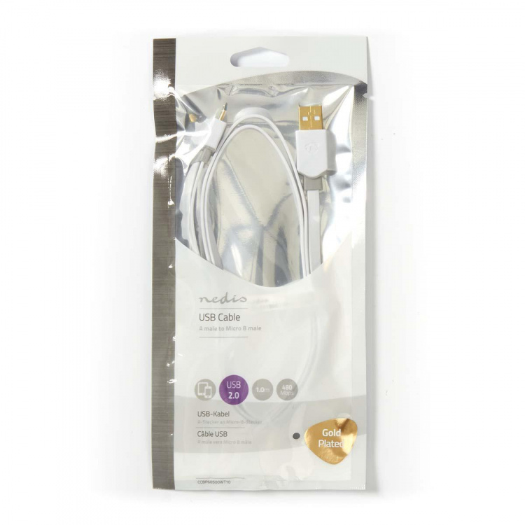 Nedis USB-kabel | USB 2.0 | USB-A Han | USB Micro-B han | 480 Mbps | Guldplateret | 1.00 m | Fladt | PVC | Hvid | Plastikpose