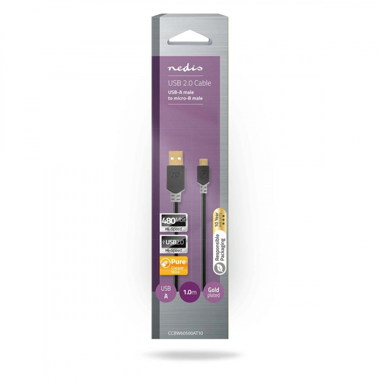 Nedis USB-kabel | USB 2.0 | USB-A Han | USB Micro-B han | 480 Mbps | Guldplateret | 1.00 m | Runde | PVC | Antracit | Box