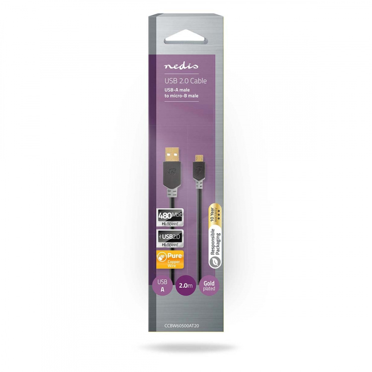 Nedis USB-kabel | USB 2.0 | USB-A Han | USB Micro-B han | 480 Mbps | Guldplateret | 2.00 m | Runde | PVC | Antracit | Box