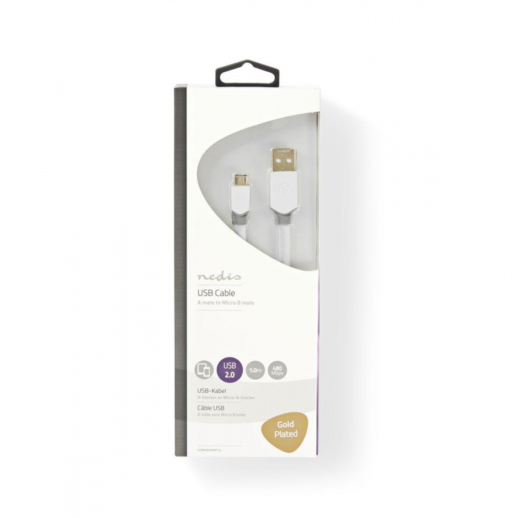 Nedis USB-kabel | USB 2.0 | USB-A Han | USB Micro-B han | 480 Mbps | Guldplateret | 1.00 m | Fladt | PVC | Hvid | Window Box